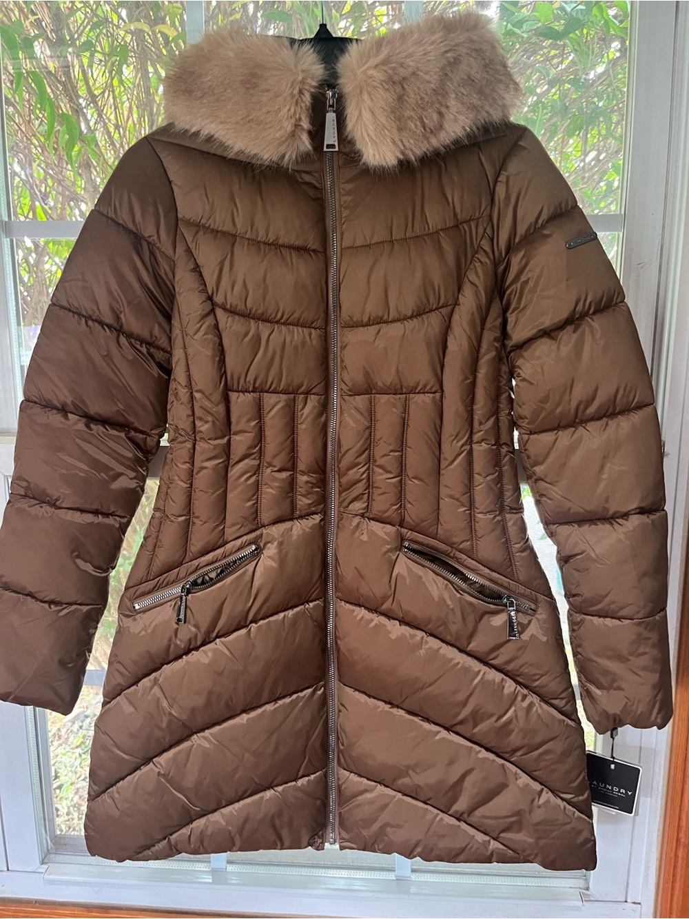 Laundry By Shelli Segal Brown Quilted Puffer Coat with Faux Fur Collar